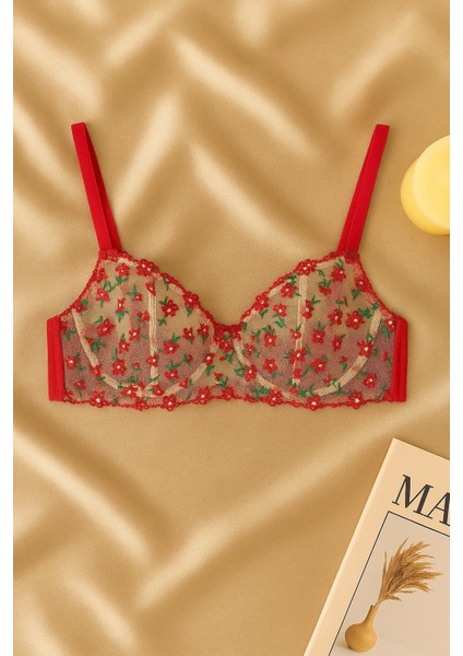 Kırmızı Çiçek Desenli Balenli Brode Sütyen Seti fiyatları