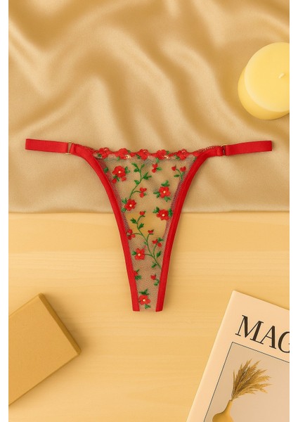 Kırmızı Çiçek Desenli Balenli Brode Sütyen Seti modelleri