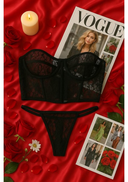Siyah Transparan Dantel Büstiyer ve Tanga Iç Giyim Takımı fiyatları