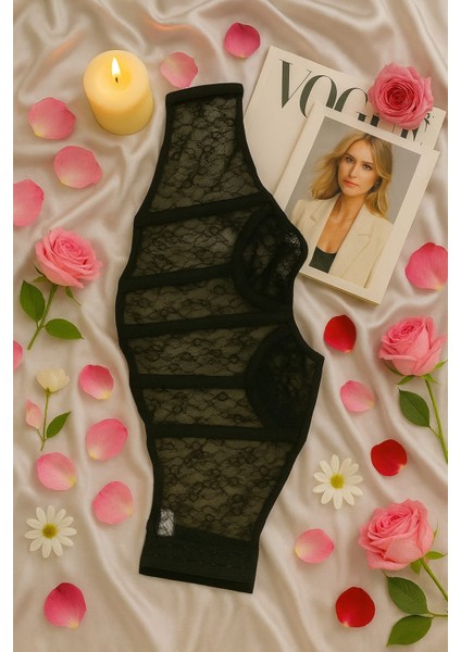 Siyah Transparan Dantel Büstiyer ve Tanga Iç Giyim Takımı modelleri