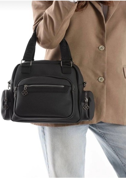 Çok Gözlü Şık Siyah Kadın El ve Omuz Çantası