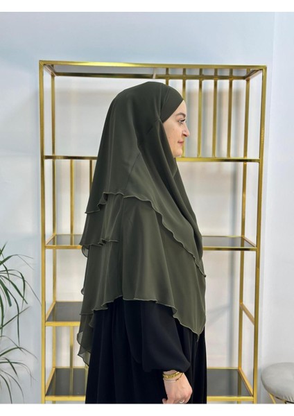 Tesettür Şifon Sufle,hazır Peçeli, Khımar ,hicap,haki