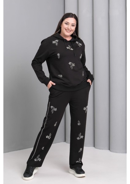 Kadın Büyük Beden Siyah, Çiçek Motifli Boncuk Işli, Kapüşonlu Eşofman Takım 65N39192