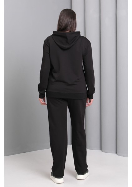 Kadın Büyük Beden Siyah, Çiçek Motifli Boncuk Işli, Kapüşonlu Eşofman Takım 65N39192 modelleri