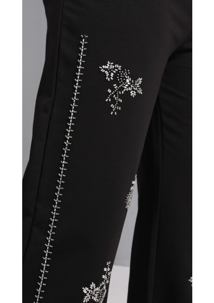 Kadın Büyük Beden Siyah, Çiçek Motifli Boncuk Işli, Kapüşonlu Eşofman Takım 65N39192