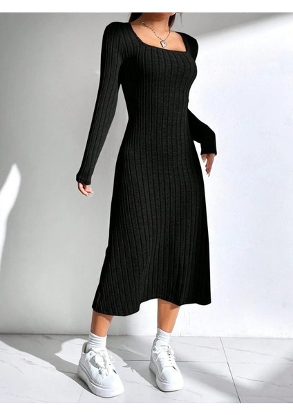 Kadın Uzun Kollu Kare Yaka Midi Kaşkorse Elbise modelleri