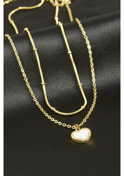 Kalp Sedef Lüks Çelik Ikili Kolye