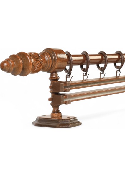 Modern Demonte Başlıklı Çift Raylı Ahşap Rustik Perde Askısı