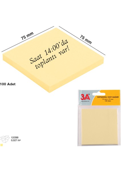 Yapışkanlı Not Kağıdı Pastel Renk 75X75 mm (100 Adet) Sarı Renk 4 Adet Fiyatıdır