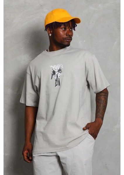 Unisex Oversize Baskılı Bisiklet Yaka T-Shirt - Gri