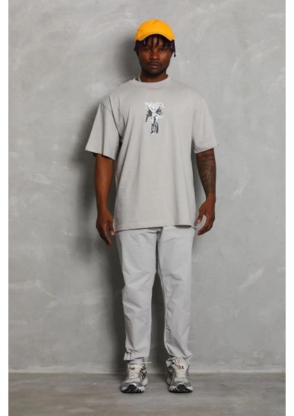 Unisex Oversize Baskılı Bisiklet Yaka T-Shirt - Gri modelleri