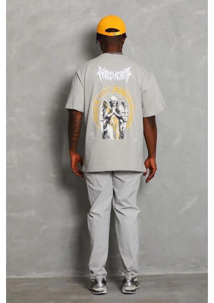 Unisex Oversize Baskılı Bisiklet Yaka T-Shirt - Gri fırsatları