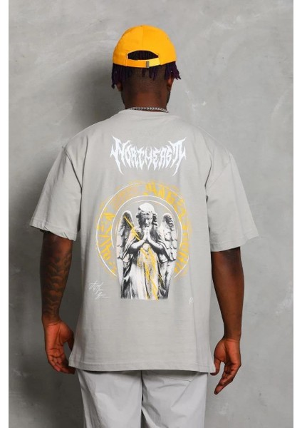 Unisex Oversize Baskılı Bisiklet Yaka T-Shirt - Gri indirimleri