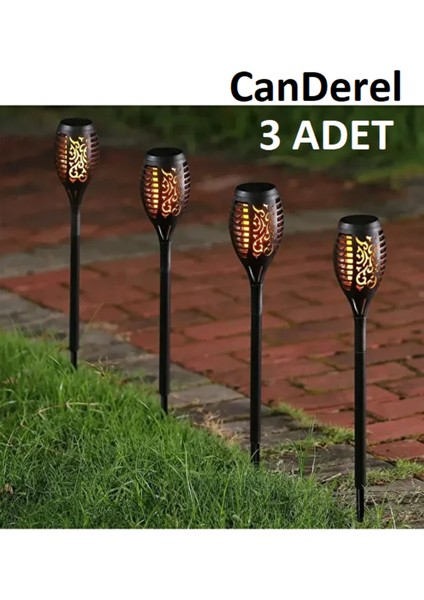 3 Adet Alev Efektli Solar LED Güneş Enerjili Bahçe Lambası Aydınlatması Armatür 51 cm