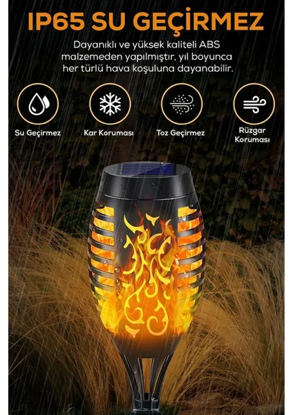3 Adet Alev Efektli Solar LED Güneş Enerjili Bahçe Lambası Aydınlatması Armatür 51 cm