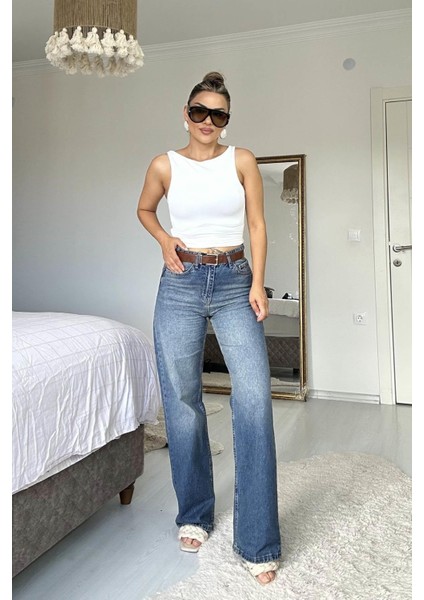 Yüksek Bel Straight Jean Mavi