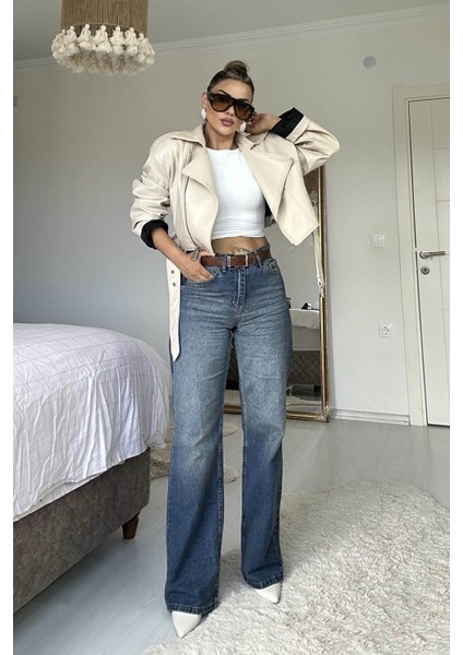 Yüksek Bel Straight Jean Mavi