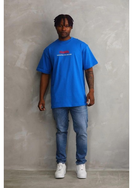 Unisex Baskılı Oversize T-Shirt - Mavi fırsatları