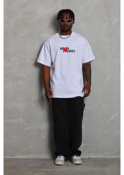 Unisex Bisiklet Yaka Double Oversize Baskılı T-Shirt - Beyaz fiyatları