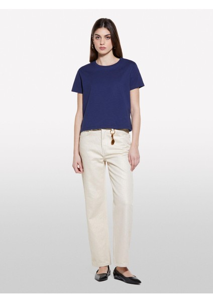 %100 Pamuk Bisiklet Yakalı T-Shirt Kadın Lacivert T-Shirt - 325P3I1XL101S