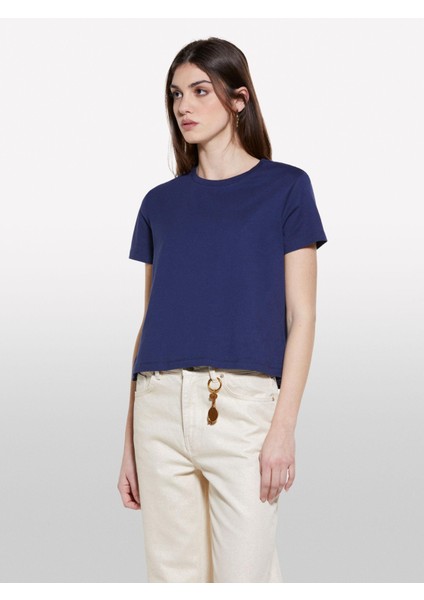 %100 Pamuk Bisiklet Yakalı T-Shirt Kadın Lacivert T-Shirt - 325P3I1XL101S fırsatları