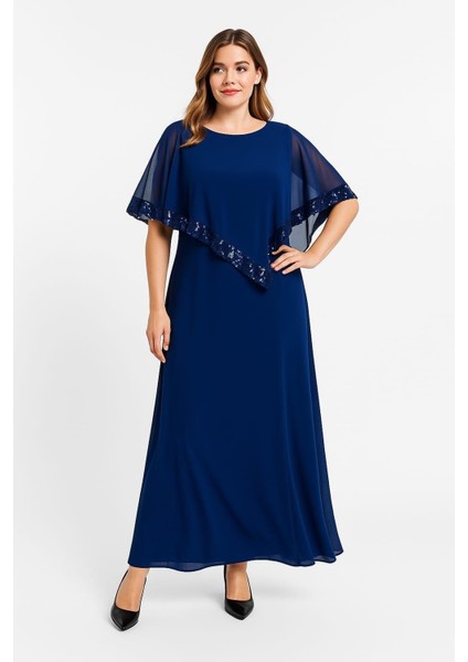 Kadın Büyük Beden Saks, Şifon ve Payet Detaylı Abiye Elbise 65N23491