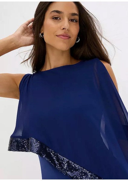 Kadın Büyük Beden Saks, Şifon ve Payet Detaylı Abiye Elbise 65N23491 modelleri