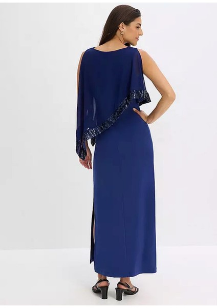 Kadın Büyük Beden Saks, Şifon ve Payet Detaylı Abiye Elbise 65N23491