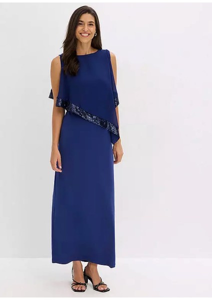 Kadın Büyük Beden Saks, Şifon ve Payet Detaylı Abiye Elbise 65N23491