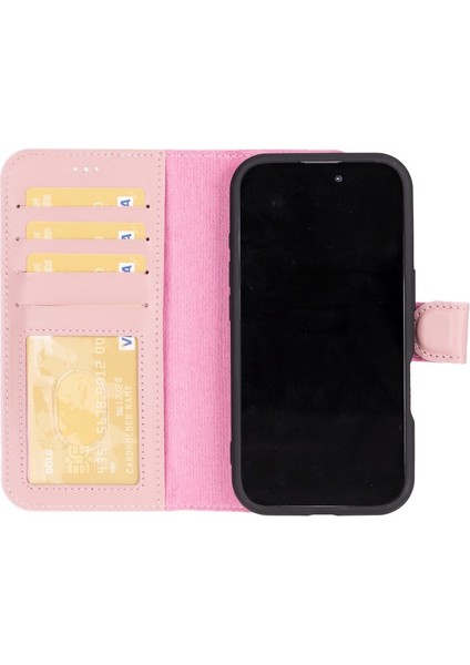 Apple iPhone 16 Uyumlu, Hakiki Deri, El Yapımı, Cüzdanlı Kılıf, Toz Pembe fiyatları