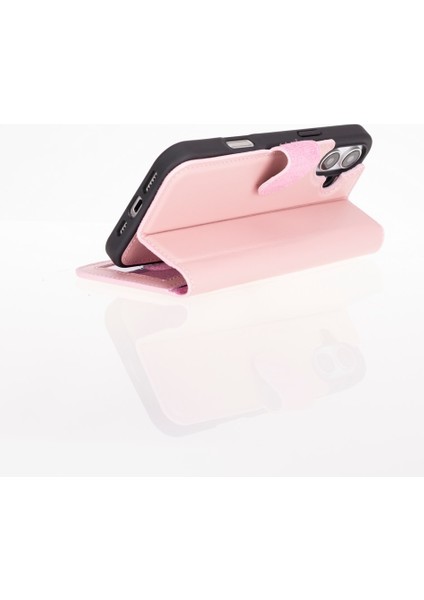 Apple iPhone 16 Uyumlu, Hakiki Deri, El Yapımı, Cüzdanlı Kılıf, Toz Pembe modelleri
