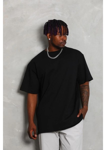Unisex Oversize Düz Bisiklet Yaka T-Shirt - Siyah fırsatları