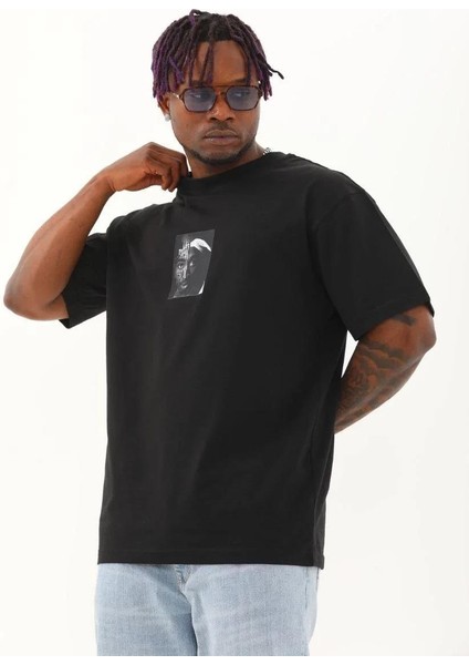 Unisex Oversize Baskılı Bisiklet Yaka T-Shirt - Siyah fiyatları