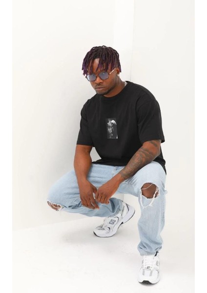 Unisex Oversize Baskılı Bisiklet Yaka T-Shirt - Siyah modelleri