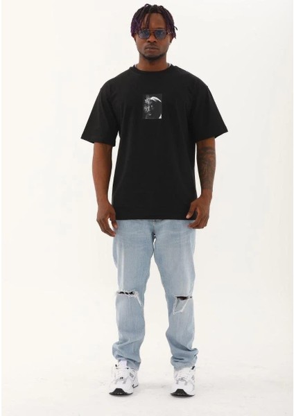 Unisex Oversize Baskılı Bisiklet Yaka T-Shirt - Siyah fırsatları