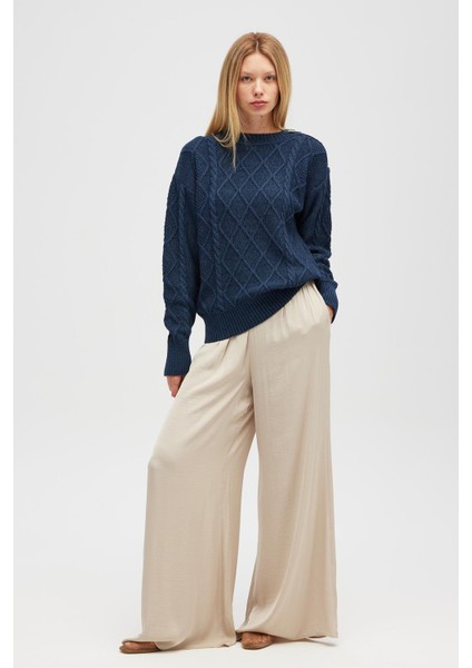 Daphne Saç Örgülü Omzu Düğmeli, Kadın Triko Kazak - Indigo Melanj