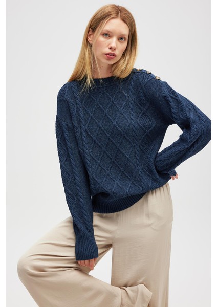 Daphne Saç Örgülü Omzu Düğmeli, Kadın Triko Kazak - Indigo Melanj fiyatları