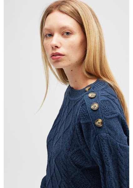 Daphne Saç Örgülü Omzu Düğmeli, Kadın Triko Kazak - Indigo Melanj modelleri