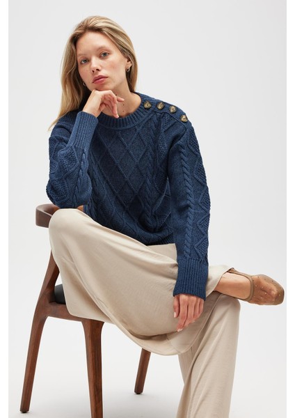 Daphne Saç Örgülü Omzu Düğmeli, Kadın Triko Kazak - Indigo Melanj fırsatları
