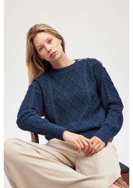 Daphne Saç Örgülü Omzu Düğmeli, Kadın Triko Kazak - Indigo Melanj indirimleri