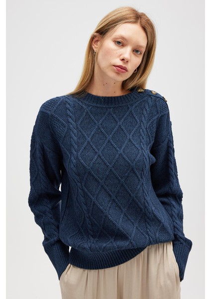 Daphne Saç Örgülü Omzu Düğmeli, Kadın Triko Kazak - Indigo Melanj