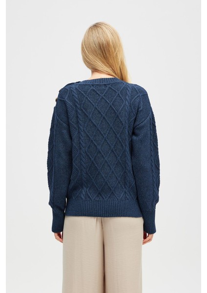 Daphne Saç Örgülü Omzu Düğmeli, Kadın Triko Kazak - Indigo Melanj
