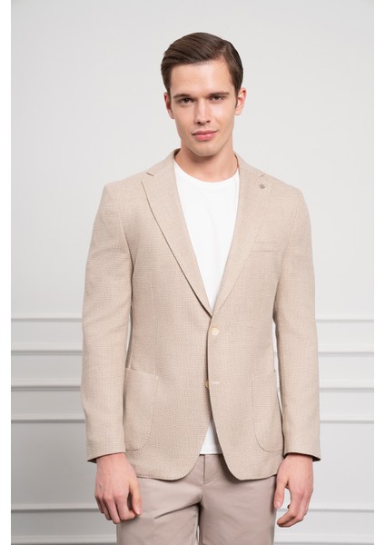 Erkek Bej Dokuma Dynamic Fit Rahat Kesim Torba Cep Mono Yaka Spor Ceket