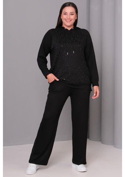 Kadın Büyük Beden Siyah, Taş Detaylı, Kapüşonlu Eşofman Takım 65N39139