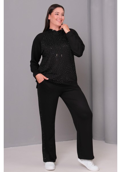Kadın Büyük Beden Siyah, Taş Detaylı, Kapüşonlu Eşofman Takım 65N39139 fiyatları