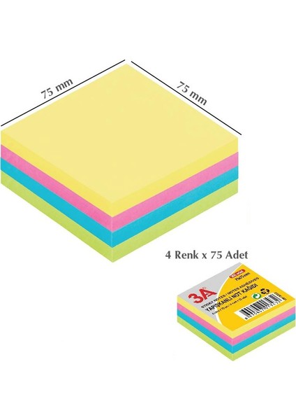 Yapışkanlı Not Kağıdı Pastel Renk 75X75 mm (4 Renk x 75 Adet)