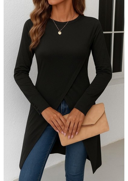 Kadın Uzun Kollu Bisiklet Yaka Önden Çapraz Kesim Detay Midi Viskon Bluz
