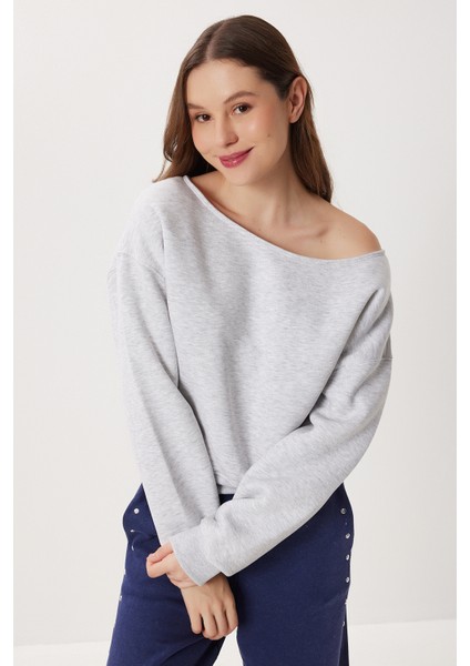 Açık Omuzlu Şardonlu Örme Sweatshirt LAN0076 Gri Melanj