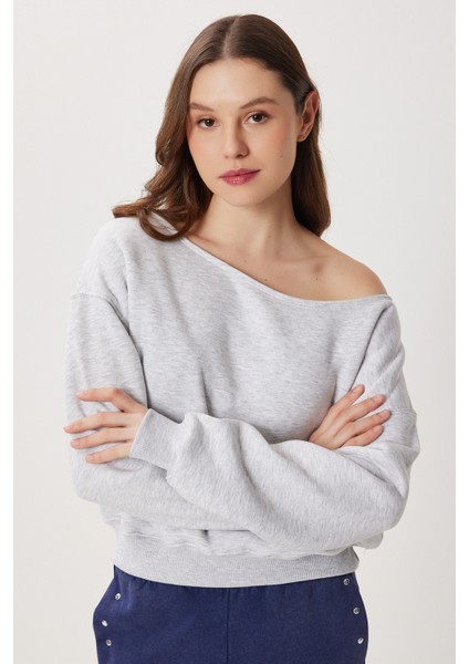 Açık Omuzlu Şardonlu Örme Sweatshirt LAN0076 Gri Melanj fiyatları