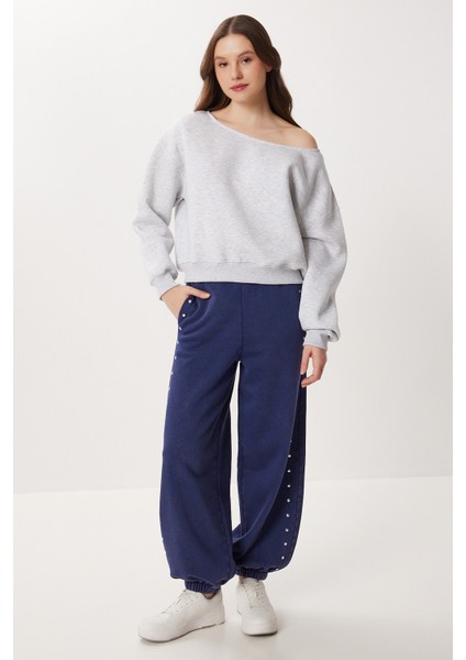 Açık Omuzlu Şardonlu Örme Sweatshirt LAN0076 Gri Melanj modelleri